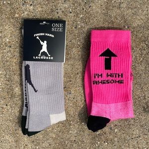 Finish Hard One Size Grey Lacrosse Socks NWT AND Sock Guy L/XL Pink Socks NWOT